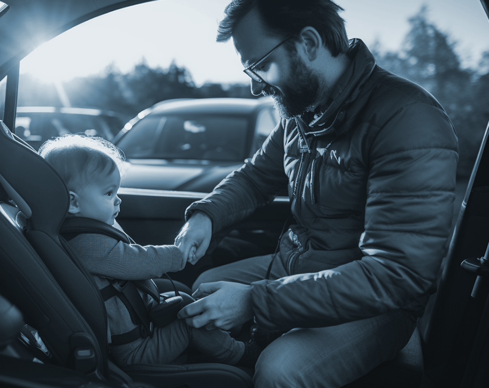  Father straps his child into a properly installed child seat