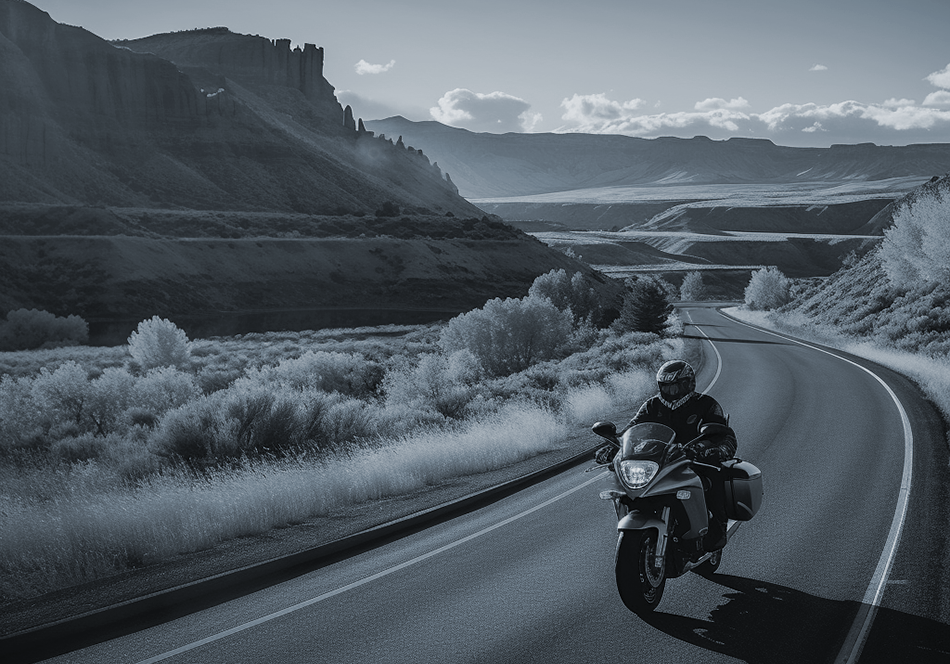  Motorcyclist rides on scenic road in Utah